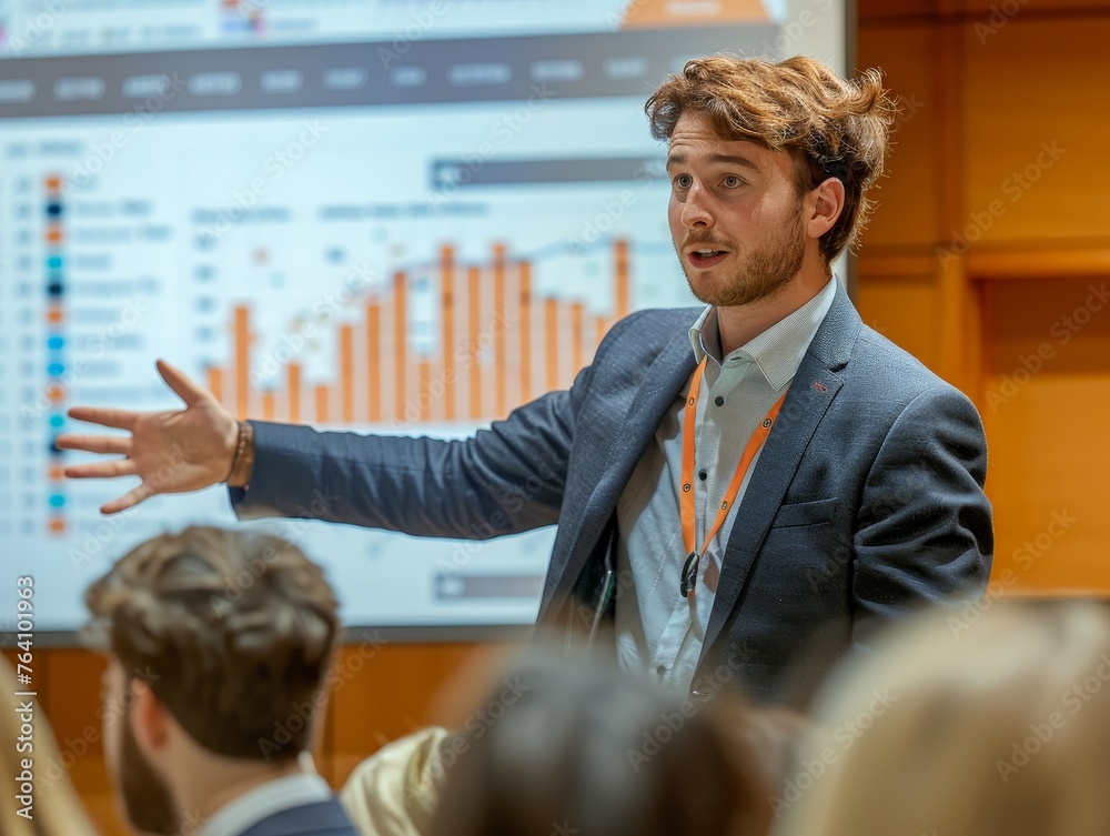 Poster A professional businessman passionately explaining complex data displayed on a large interactive screen to his team in a corporate setting.