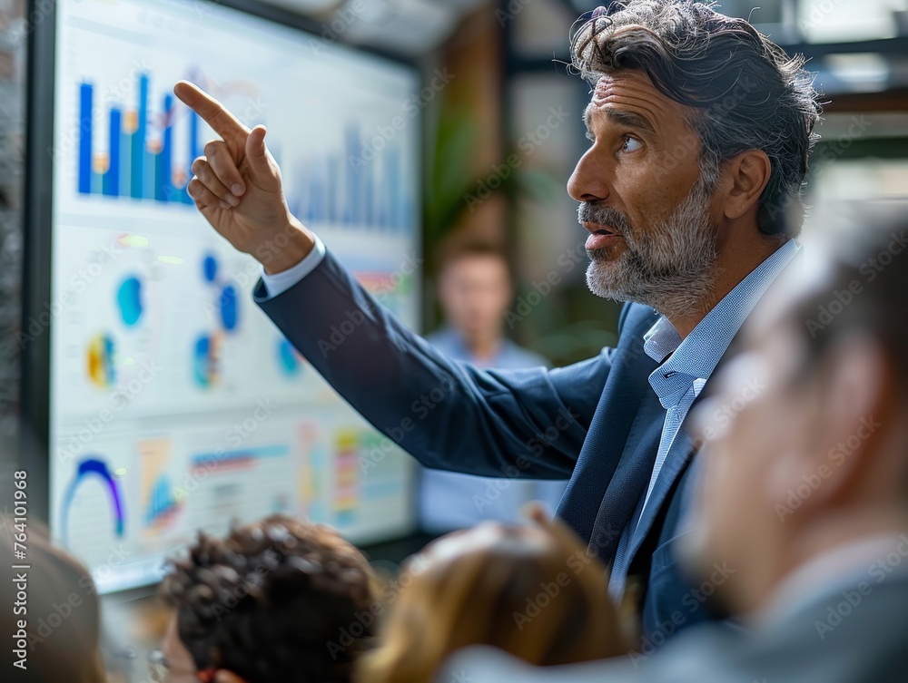 Poster a close-up photograph of a male presenter in a business suit, gesturing towards a digital presentati