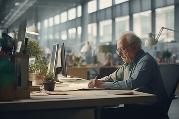 An elderly man works at a computer in a modern office. Ageism concept