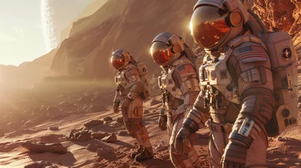 Foto op Aluminium A group of astronauts in spacesuits walking on Mars with a large mountain in the background, signifying exploration © road to millionaire