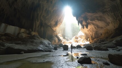 Inside the large karst caves of Prometheus near Kutaisi in Georgia. AI generated