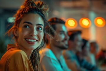 A smiling, diverse professional team enjoys a productive brainstorming session together, fostering collaboration and positive workplace culture.