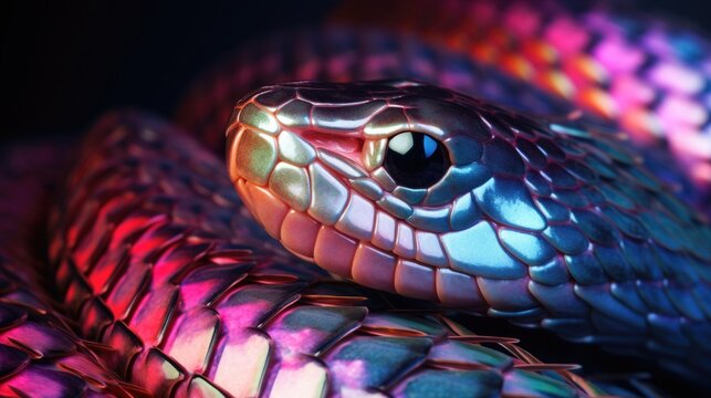 Close-up image of a snake with iridescent, reflective scales
