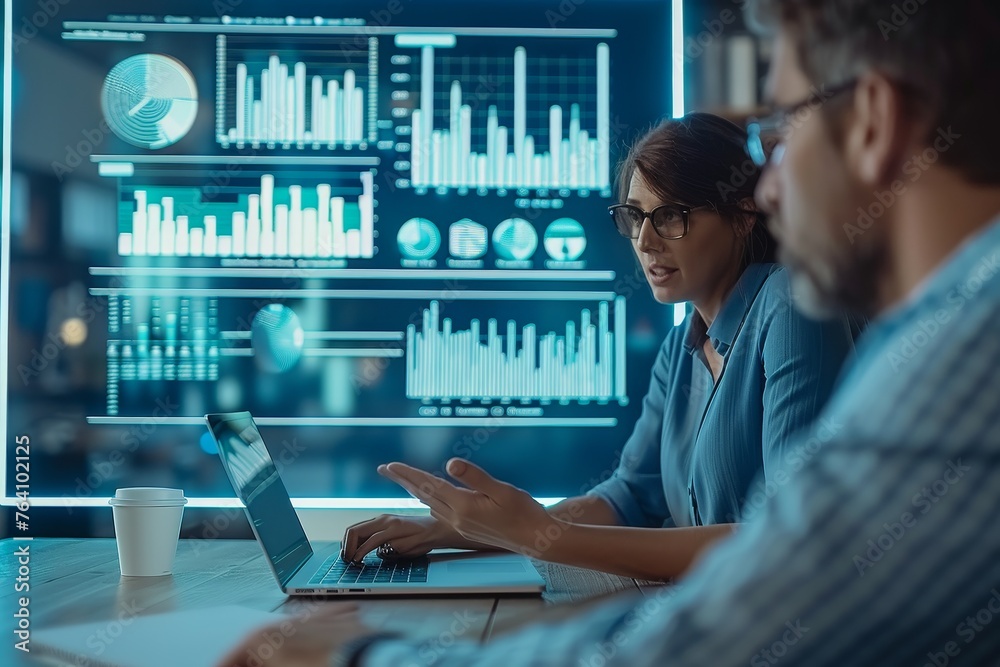 Poster two financial analysts are engrossed in monitoring market trends, examining graphs and data across m