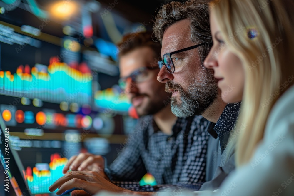 Poster two financial analysts are engrossed in monitoring market trends, examining graphs and data across m