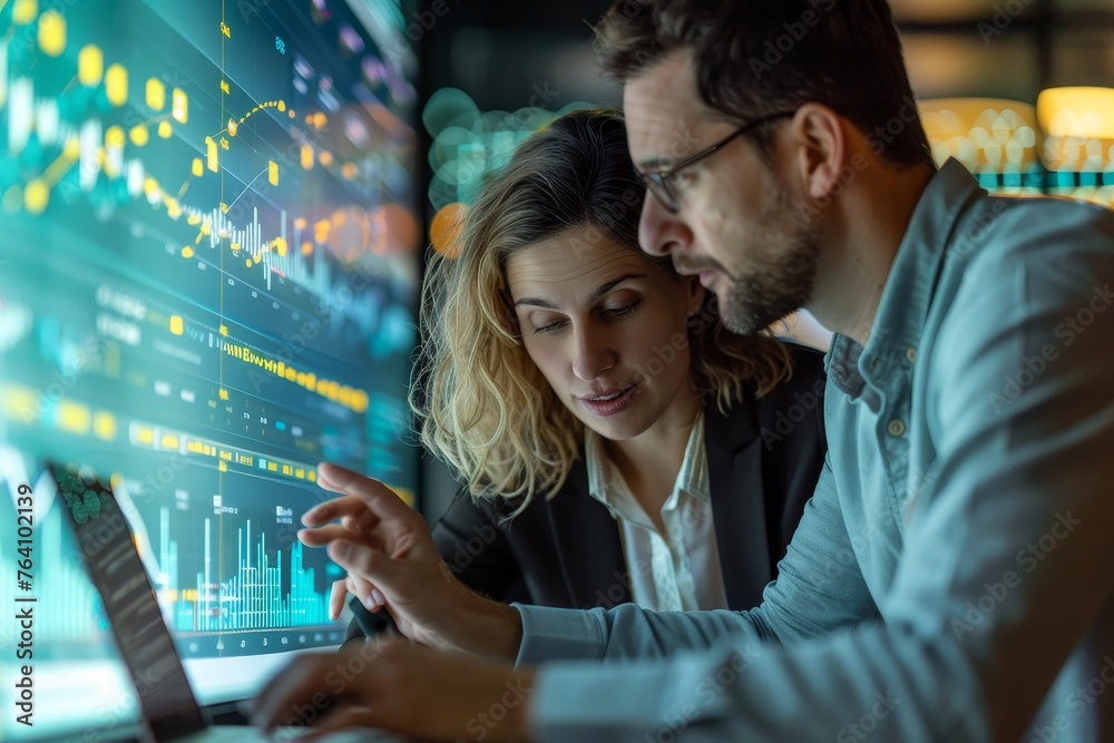 Poster two financial analysts are engrossed in monitoring market trends, examining graphs and data across m