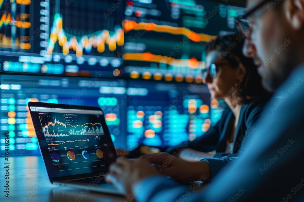 Poster two financial analysts are engrossed in monitoring market trends, examining graphs and data across m