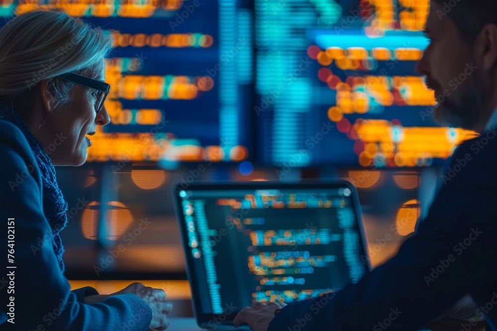 Poster a close-up portrait of two tech workers, engaged in a serious conversation, with digital screens sof