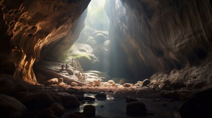 Inside the large karst caves of Prometheus near Kutaisi in Georgia. AI generated
