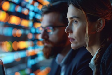 Fototapeta premium A close-up portrait of two tech workers, engaged in a serious conversation, with digital screens softly illuminated in the background.
