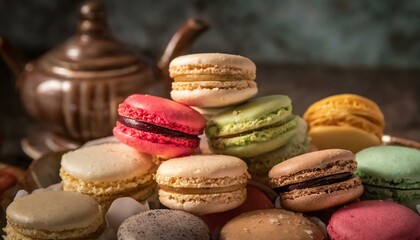 Obraz na płótnie Canvas Assortment of delicious macarons of different colors and flavors. Traditional French cuisine.