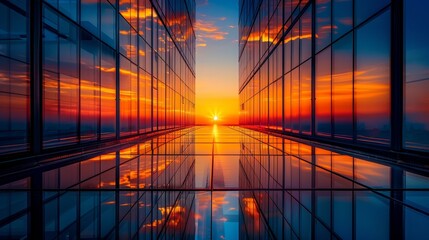 A breathtaking sunset reflected in perfect symmetry on the glass windows of a skyscraper, merging urban architecture with the beauty of the natural world.