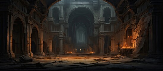 A dark and eerie room is lit by the flickering flames of a burning fire, creating a mysterious atmosphere