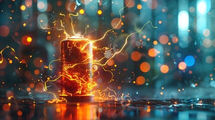 Electricity cascading into a battery a blend of science and magic at work - obrazy, fototapety, plakaty