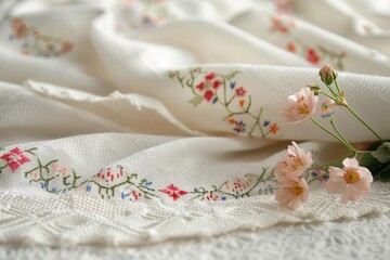 Delicate floral embroidery on soft white linen, accented with gentle pink flowers