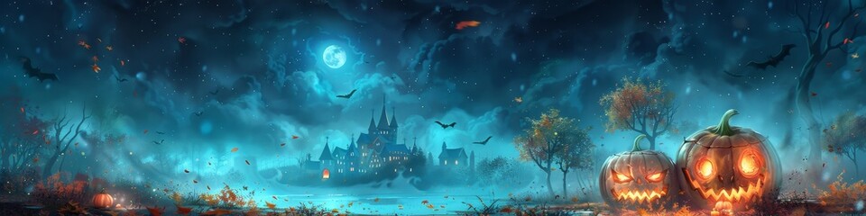 A spooky yet enchanting Halloween panorama where jack-o'-lanterns light up a ghostly landscape under the glow of a haunting full moon.