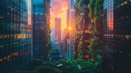 modern buildings draped in vertical gardens capturing the vibrant interplay between nature and urban development during a fiery sunset