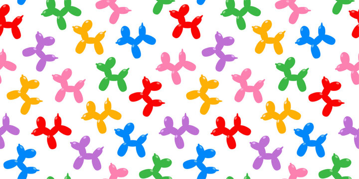 Seamless pattern with colorful balloons twisted in shape of dog. Inflatable pet background, flat illustration for birthday, holiday textile, wrapping paper, fabric, wallpaper design, cover. Vector
