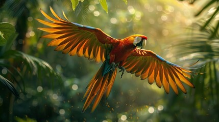 A striking scarlet macaw spreads its vibrant wings as it soars effortlessly through the dense, verdant canopy of a tropical rainforest.