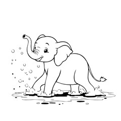 Beautiful hand-drawn vector illustration of funny elephant taking a shower isolated on a white background for coloring book for children