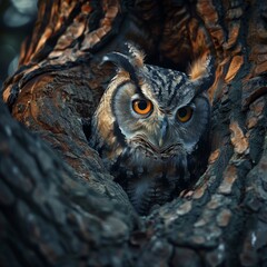 A mysterious Eurasian Eagle-Owl peers out from its covert nook within an ancient tree, blending into the dark hollow with its mottled plumage.
