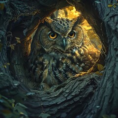 A mysterious Eurasian Eagle-Owl peers out from its covert nook within an ancient tree, blending into the dark hollow with its mottled plumage.