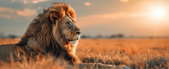 A majestic lion rests in the savanna, its mane illuminated by the last rays of the setting sun, radiating the dignified essence of the wild African landscape. - obrazy, fototapety, plakaty
