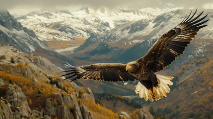 An awe-inspiring golden eagle is captured in mid-glide, its powerful wings stretched to their full span above the sweeping, ochre-hued alpine terrain, dusted with snow.