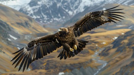 An awe-inspiring golden eagle is captured in mid-glide, its powerful wings stretched to their full span above the sweeping, ochre-hued alpine terrain, dusted with snow.
