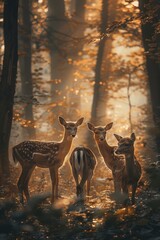 In the soft luminescence of dawn, a family of spotted deer gathers alertly in a lush forest, creating an enchanting and serene tableau.