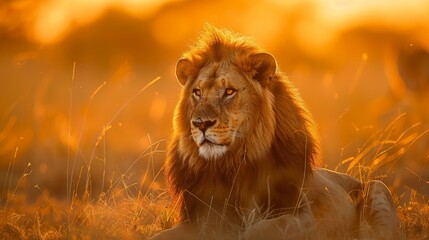 The king of the savannah, a magnificent male lion lies regally in the grass, soaking up the warm glow of a sunset that bathes the African plains.