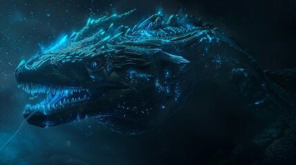 Gargantuan sea serpent its scales outlined in mesmerizing blue neon ruling the oceans depths