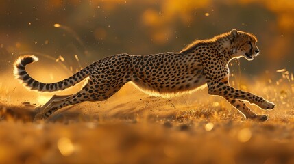 A cheetah in full sprint, creating a cloud of dust against the backdrop of a fiery sunset on the African savannah