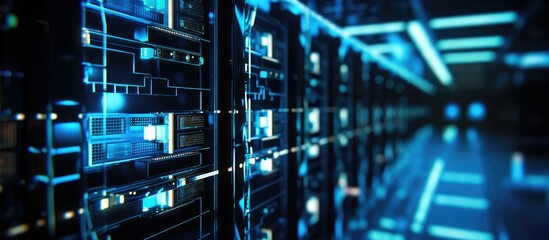An image featuring the interior of a server room showing multiple rows of servers closely placed together - obrazy, fototapety, plakaty