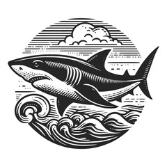 shark surrounded by ocean waves and abstract sea elements tattoo sketch engraving generative ai fictional character vector illustration. Scratch board imitation. Black and white image. T-shirt design - obrazy, fototapety, plakaty