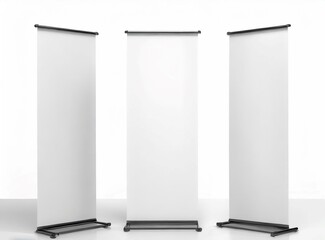 Blank roll up banner 3 display view template. 3d illustrating. isolated on white background 