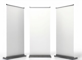 Blank roll up banner 3 display view template. 3d illustrating. isolated on white background 