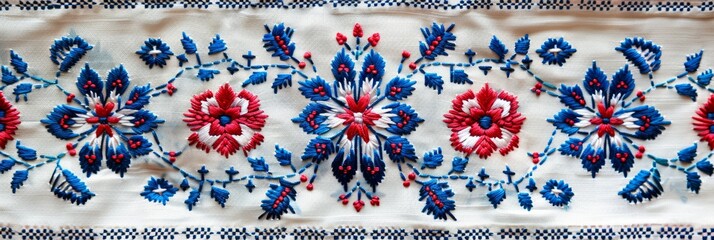 Exquisite Slovak folk embroidery, showcasing vibrant floral patterns with red and blue threads on white fabric - obrazy, fototapety, plakaty
