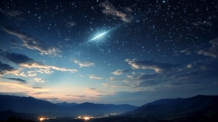 Fototapeta na wymiar Meteorite light in galaxy, shooting star shines against dark blue starry night sky backdrop