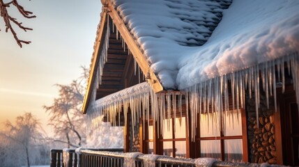 Icicles hang from the roof of a log house near which a car is carelessly parked, AI generated