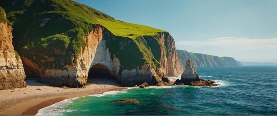 Coastal cliffs in summer beautiful nature scenery landscape from Generative AI - obrazy, fototapety, plakaty