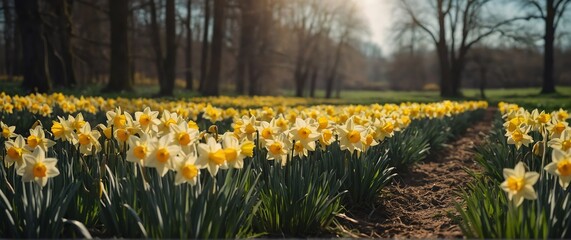 Obraz premium Daffodil field in spring beautiful nature scenery landscape from Generative AI
