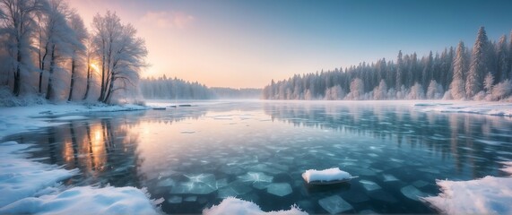 Frozen lake in winter beautiful nature scenery landscape from Generative AI - obrazy, fototapety, plakaty