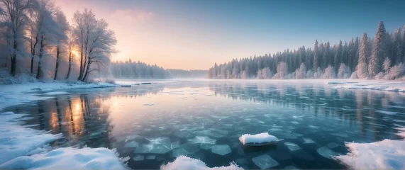 Fototapeten Frozen lake in winter beautiful nature scenery landscape from Generative AI © Arceli