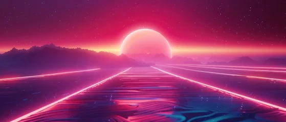 Fotobehang Futuristic synthwave music background with neon pink and purple color © artbot