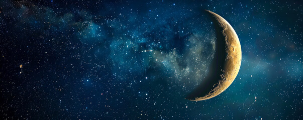 Obraz na płótnie Canvas night sky and stars and moon, milky way. space background filled with galaxies and clouds. the dark blue depths of the universe. wallpaper or banner