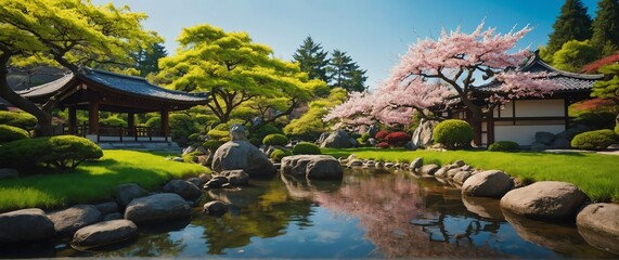 Japanese garden in spring beautiful nature scenery landscape from Generative AI