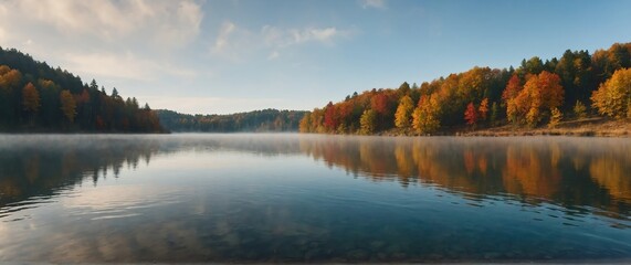 Fototapeta premium Misty lake in fall beautiful nature scenery landscape from Generative AI