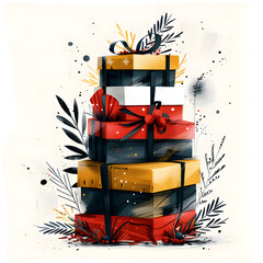 A stack of gift boxes with festive bows and leaves on a white background