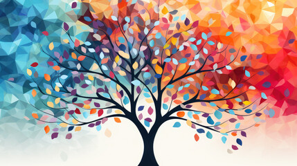 A colorful tree with many leaves is the main focus of the image. The tree is surrounded by a white background, which creates a sense of contrast and draws attention to the tree - obrazy, fototapety, plakaty